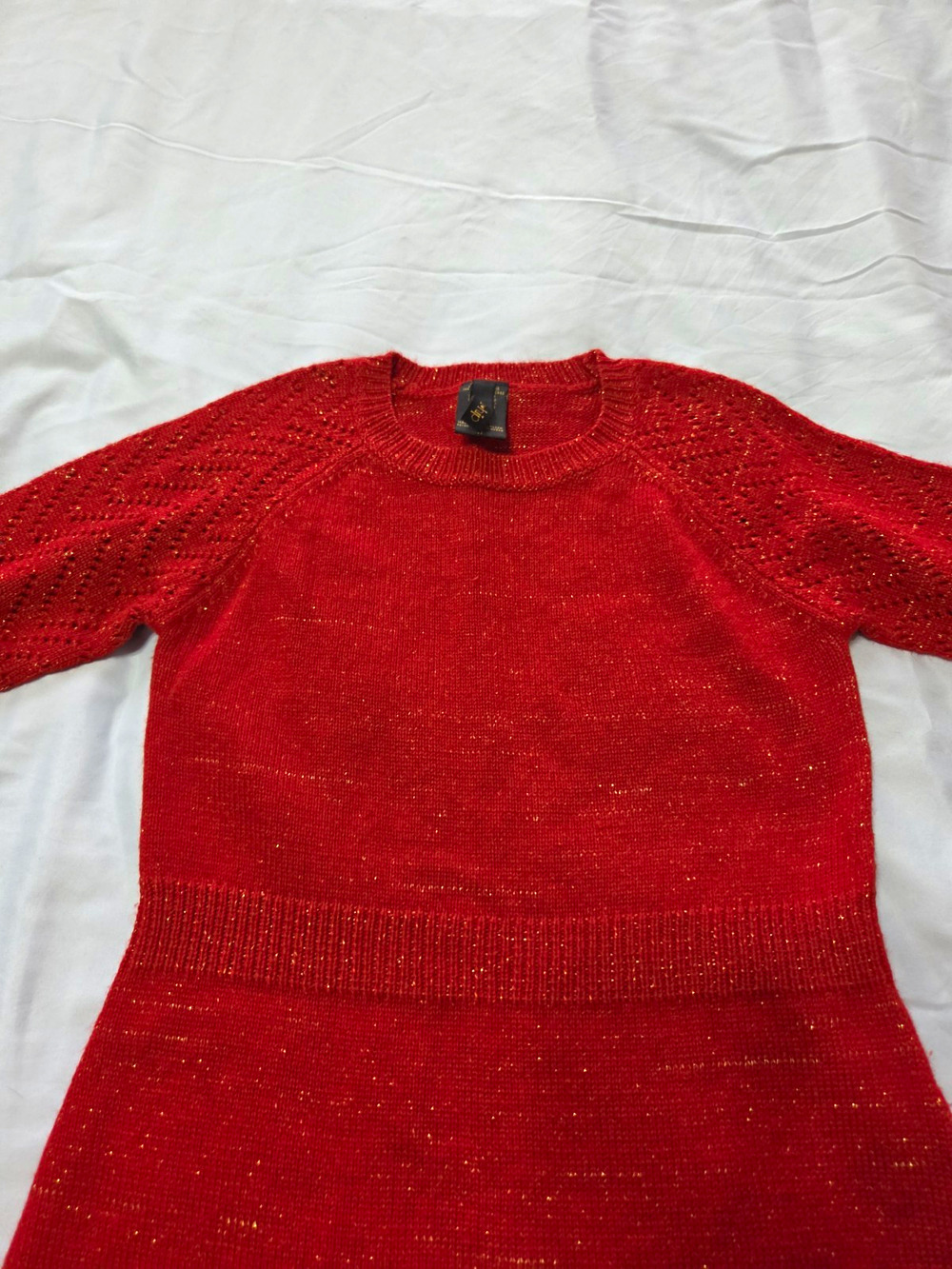 dvlp Girls Red Metallic Knit Fit & Flare Knee Dress Crew Neck Long Sleeve 8